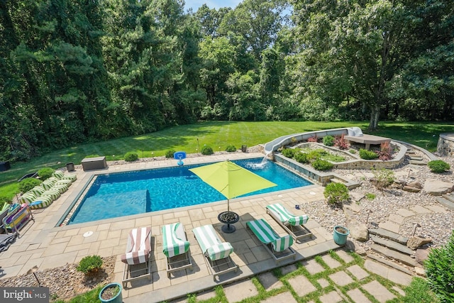 view of swimming pool featuring a lawn and a patio