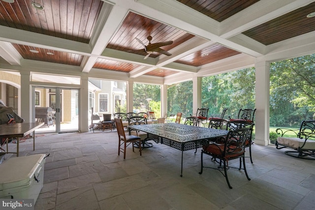 sunroom / solarium featuring ceiling fan, beam ceiling, wood ceiling, and coffered ceiling