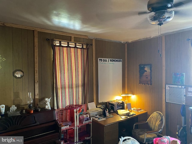 office area with wooden walls and ceiling fan