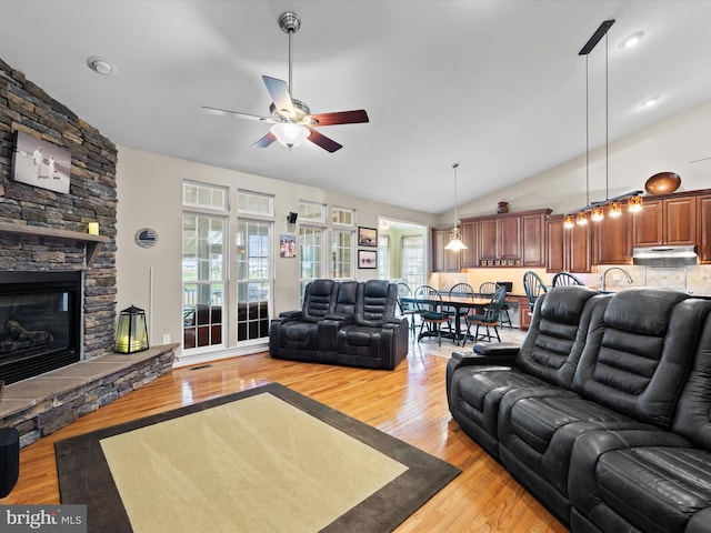 living room featuring light hardwood / wood-style flooring, a stone fireplace, and a healthy amount of sunlight