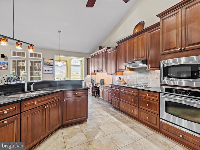 kitchen with lofted ceiling, appliances with stainless steel finishes, ceiling fan, sink, and plenty of natural light