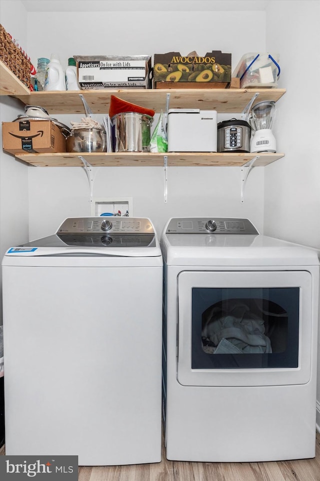 laundry area with washer and clothes dryer and light hardwood / wood-style flooring