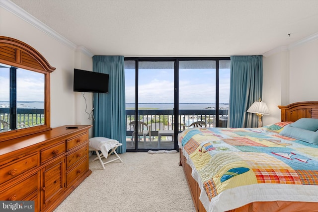 carpeted bedroom featuring a textured ceiling, access to outside, floor to ceiling windows, and crown molding