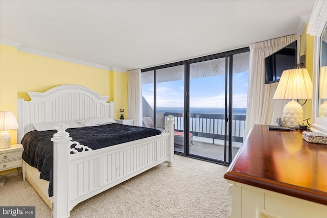 carpeted bedroom with access to exterior, a wall of windows, and ornamental molding