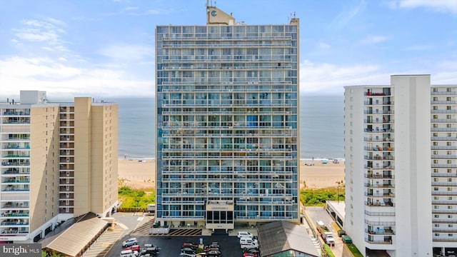 view of building exterior with a water view