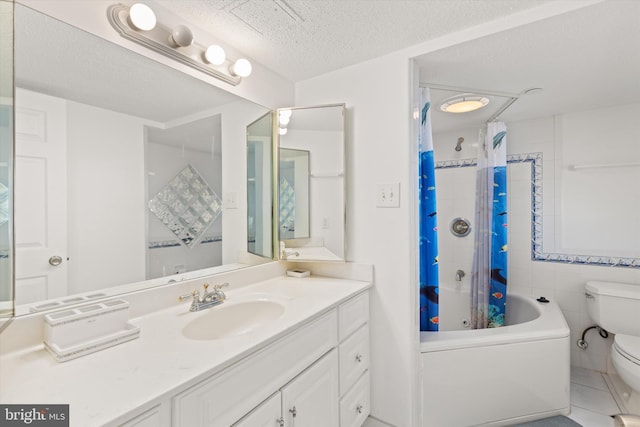 full bathroom with tile patterned floors, a textured ceiling, toilet, shower / tub combo with curtain, and tile walls