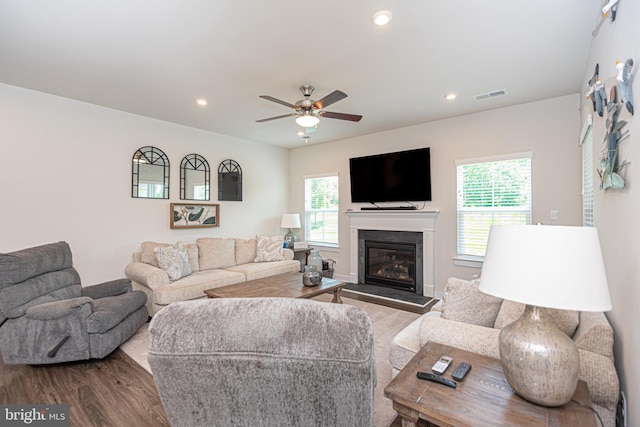 living room featuring ceiling fan and hardwood / wood-style floors