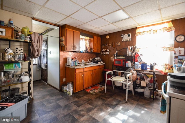 kitchen featuring a paneled ceiling, plenty of natural light, wood walls, and sink