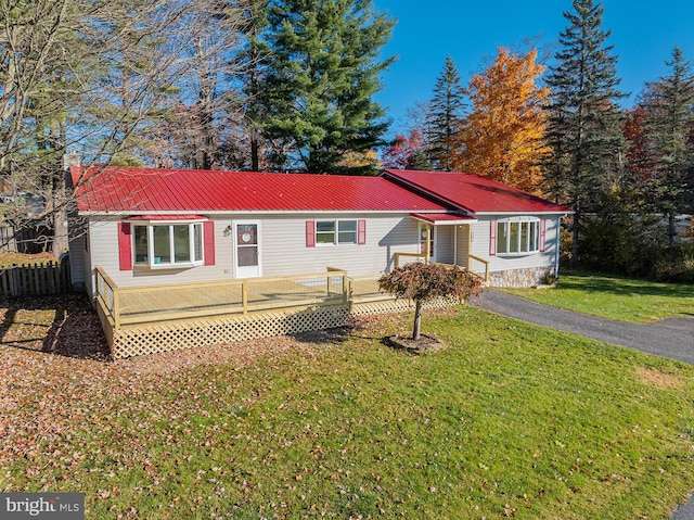 ranch-style house with a front lawn and a deck