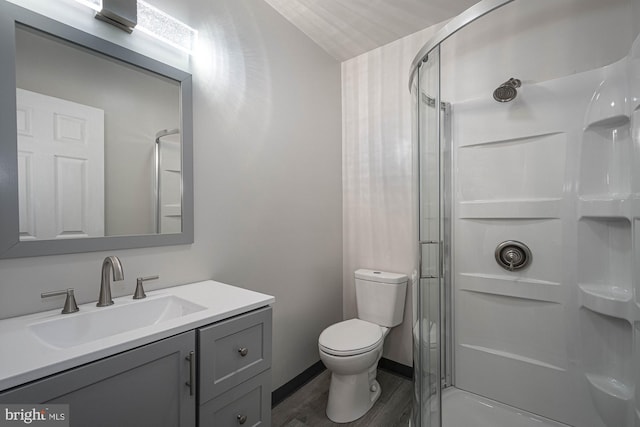 bathroom featuring vanity, toilet, wood-type flooring, and walk in shower