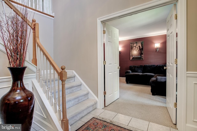 stairs featuring carpet flooring and crown molding