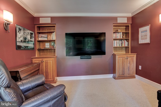 carpeted living room featuring built in shelves and crown molding