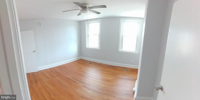 unfurnished room featuring light hardwood / wood-style floors and ceiling fan