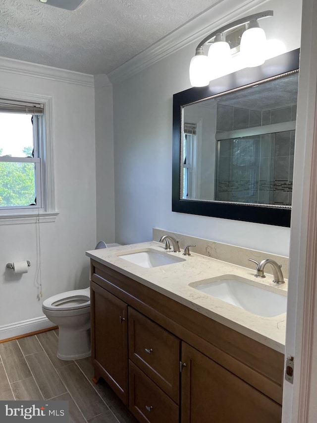 bathroom featuring crown molding, a textured ceiling, toilet, vanity, and a shower with shower door