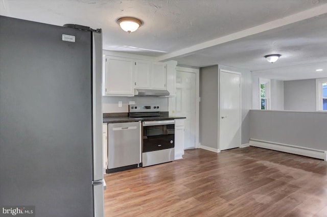 kitchen featuring a baseboard heating unit, light hardwood / wood-style flooring, a textured ceiling, white cabinetry, and stainless steel appliances