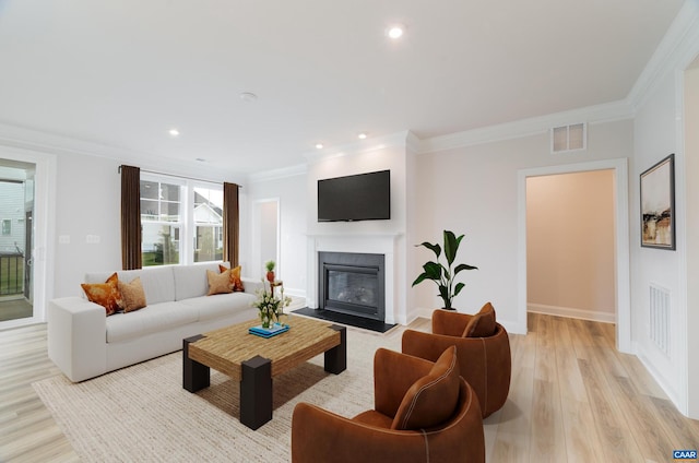 living room with light wood-type flooring and crown molding