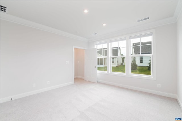 carpeted spare room featuring ornamental molding