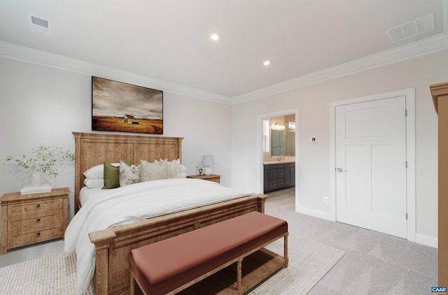 bedroom with connected bathroom, crown molding, sink, and light colored carpet