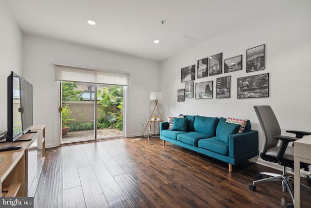 home office featuring dark hardwood / wood-style flooring