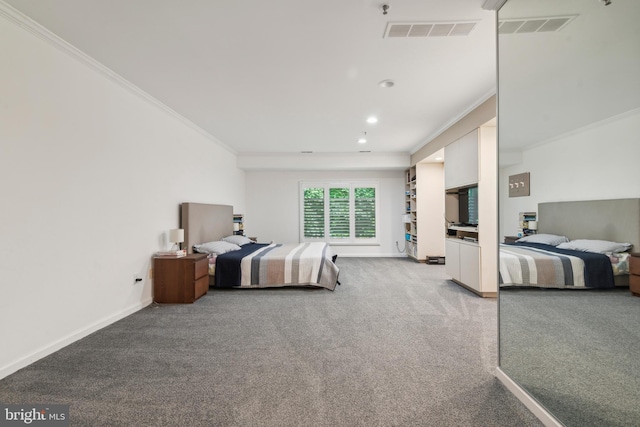 carpeted bedroom with ornamental molding