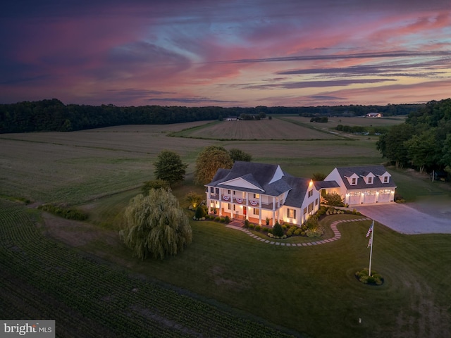 aerial view at dusk with a rural view