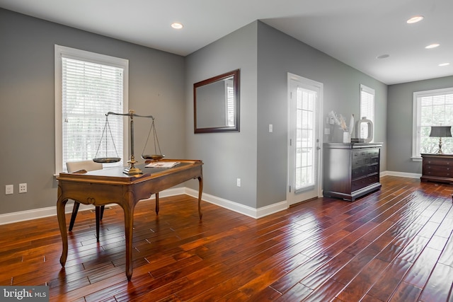 office space featuring a healthy amount of sunlight and hardwood / wood-style floors