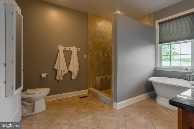 bathroom with independent shower and bath, tile patterned floors, and toilet