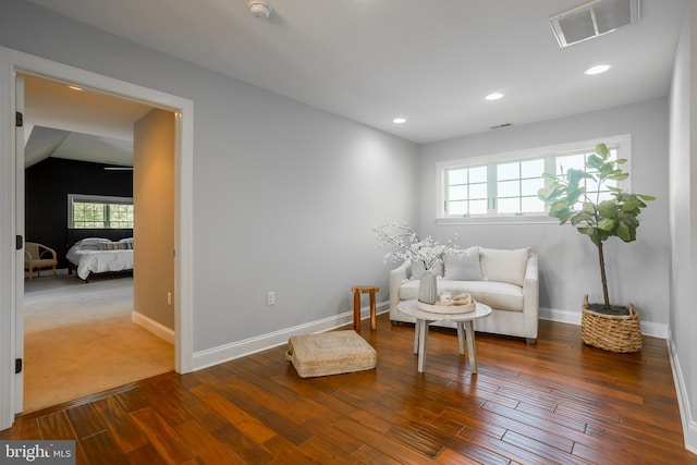 living area featuring a wealth of natural light and carpet flooring