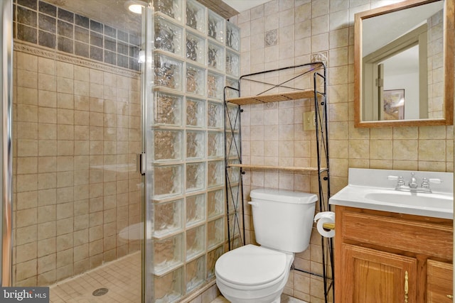 bathroom with a shower stall, tile walls, vanity, and toilet