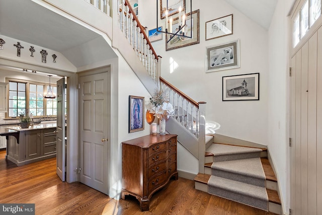 entryway featuring vaulted ceiling, dark wood-type flooring, and a notable chandelier