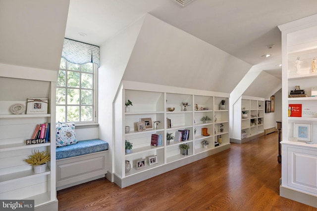 rec room with a baseboard radiator, vaulted ceiling, and dark hardwood / wood-style floors