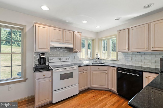 kitchen with range with electric cooktop, sink, light wood-type flooring, and black dishwasher