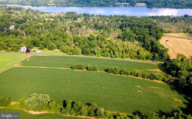 drone / aerial view featuring a water view and a rural view