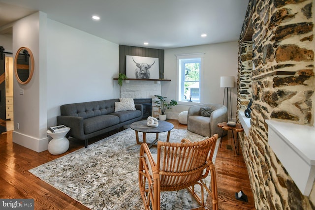 living room with a fireplace and dark wood-type flooring