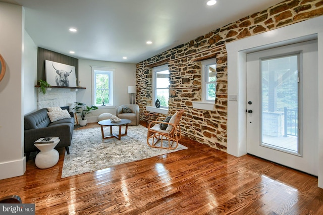 living room with wood-type flooring and a healthy amount of sunlight