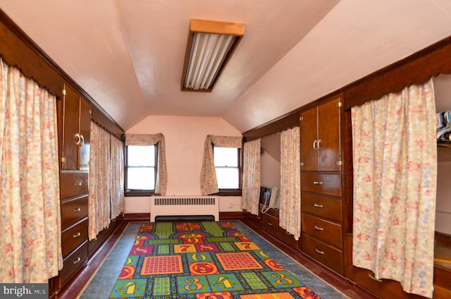 recreation room with vaulted ceiling and radiator