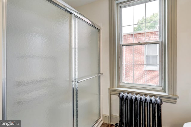 bathroom with radiator and an enclosed shower