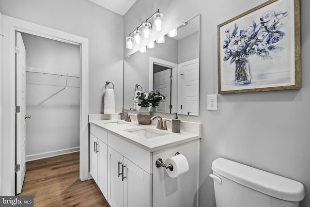 bathroom with vanity, toilet, and wood-type flooring