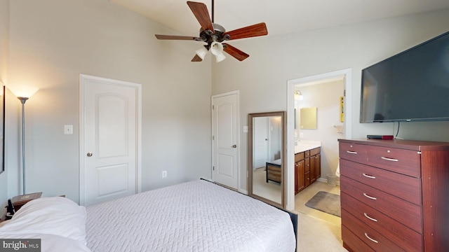 bedroom featuring high vaulted ceiling, ceiling fan, connected bathroom, and a closet