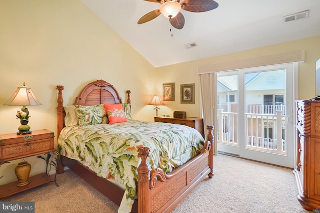 bedroom with ceiling fan, vaulted ceiling, light carpet, and access to outside