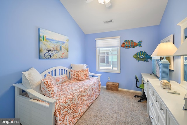 carpeted bedroom with lofted ceiling and ceiling fan