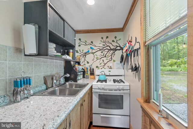 kitchen featuring sink, ornamental molding, white gas range, and backsplash