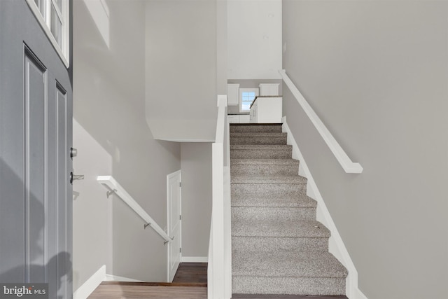 stairway with a high ceiling and hardwood / wood-style flooring