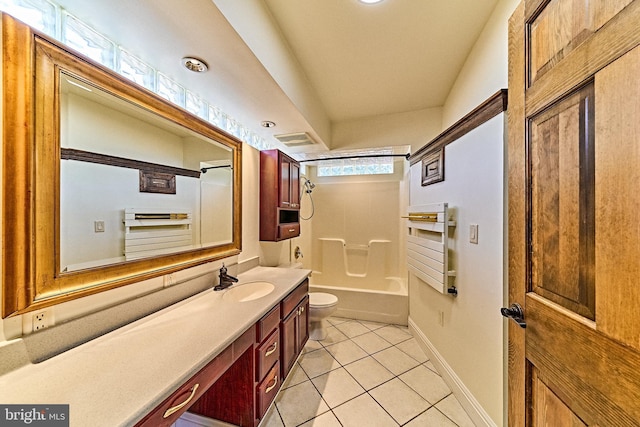 full bath featuring tile patterned flooring, toilet, visible vents, vanity, and baseboards