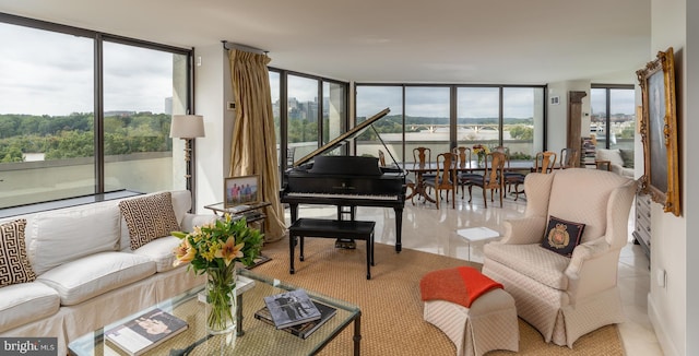 tiled living room with floor to ceiling windows