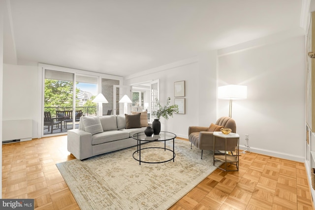 living room featuring radiator heating unit and light parquet flooring