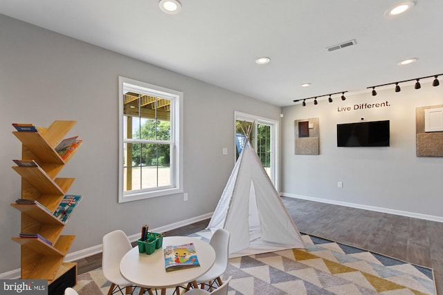 rec room with hardwood / wood-style floors and rail lighting