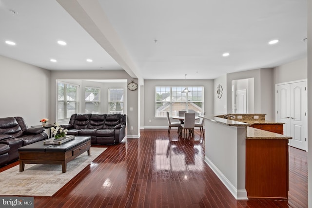 living area with baseboards, dark wood-type flooring, and recessed lighting