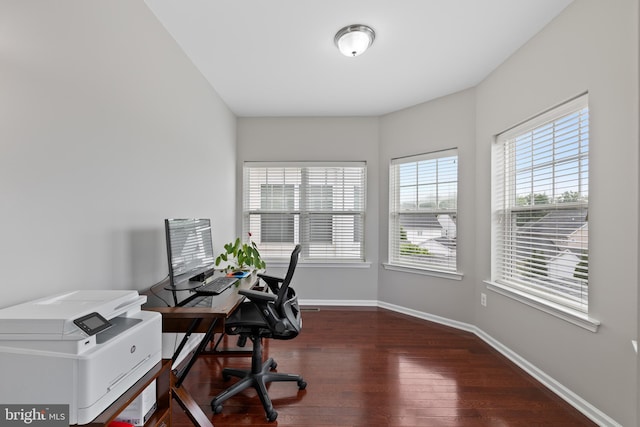 office area with dark wood-type flooring and baseboards