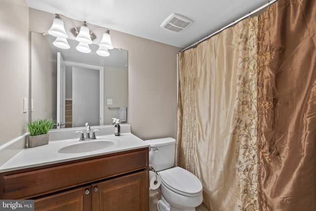 full bath featuring toilet, visible vents, and vanity